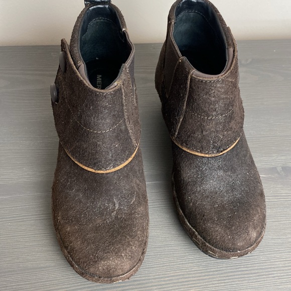 MERRELL Luxe Button Espresso Brown Suede Staple Clogs Ankle Booties Size 7 - Picture 3 of 11